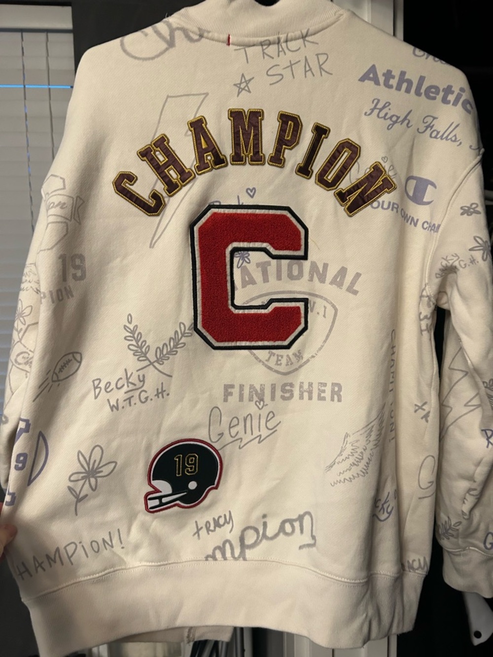 Champion Cream Hoodie with Red and Blue Logo oversized licensed size Small